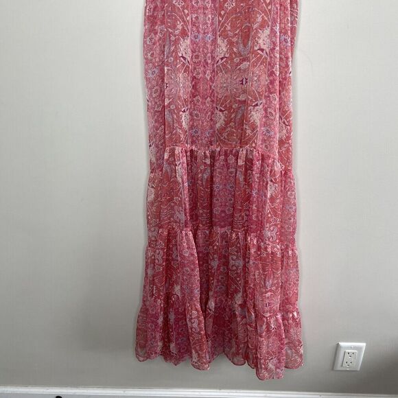 MISA Natasha Dress Womens Large Pink Floral Cut Out Midi Ruffle V-Neck Sheer - Picture 13 of 16